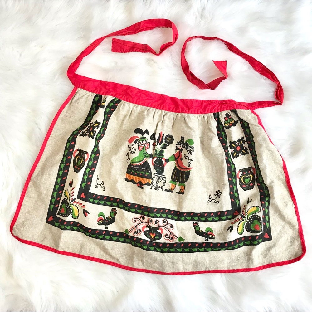 Vintage Dutch pilgrim style linen cloth tie apron screen printed German folk